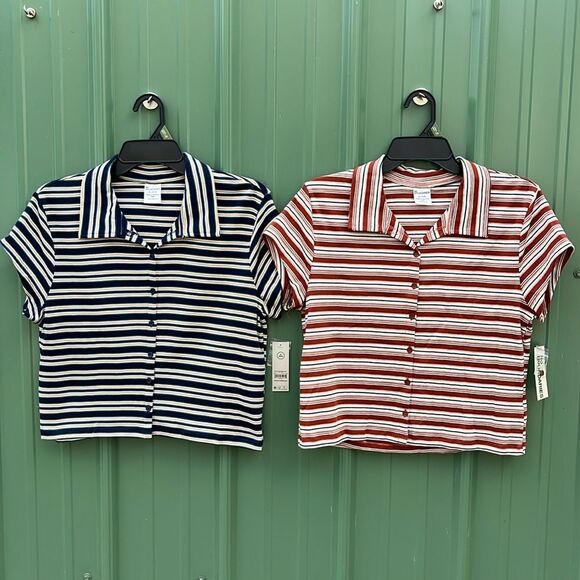 Women’s Button Front Cropped Striped Polo Shirt 2-Pack Size XL - Picture 1 of 11